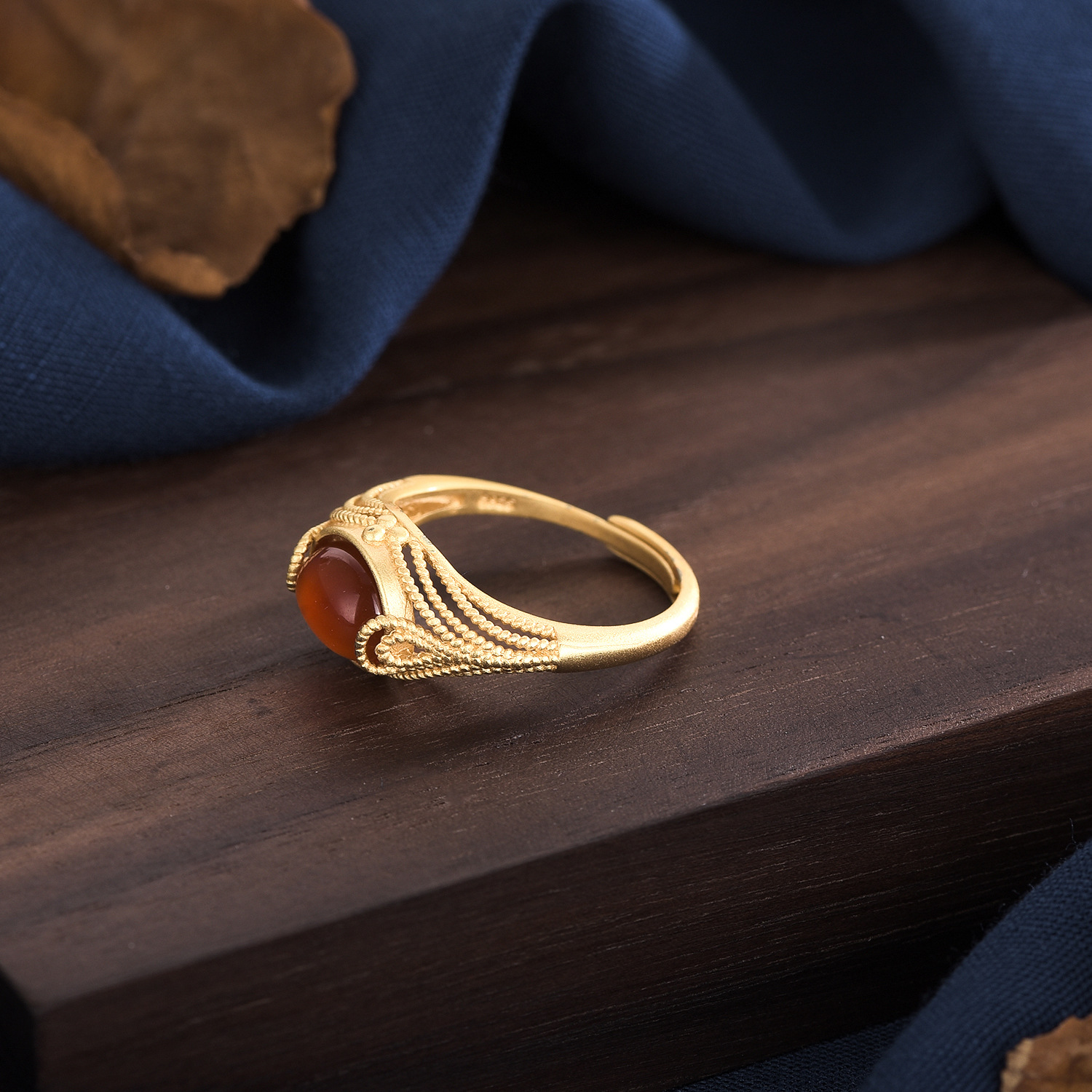 越南沙金花篮复古戒指面空托diy 镶嵌和田玉红玛瑙宝石大小可调节