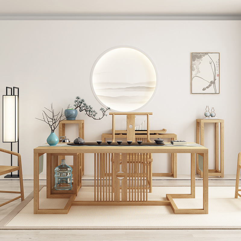 功夫泡茶桌椅组合 茶馆接待茶台会客成套茶桌椅禅意仿古原木茶台