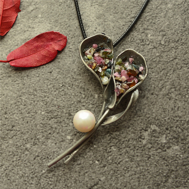 复古民族风 女 新款棉麻女装配饰品珍珠古银碎石银杏叶胸针长项链