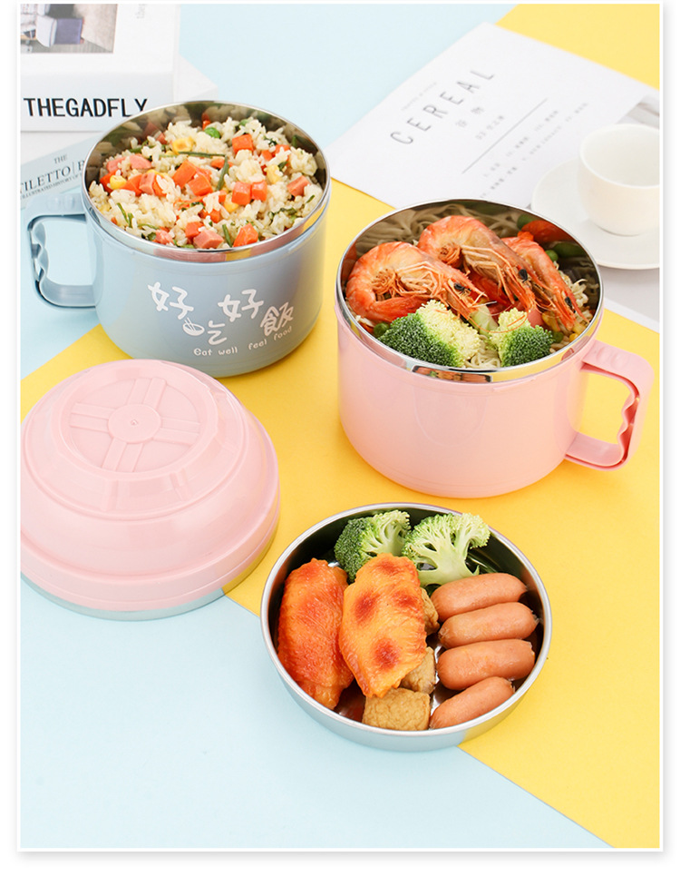 不锈钢泡面碗带盖双层学生饭盒大容量防烫快餐杯成人便携礼品批发