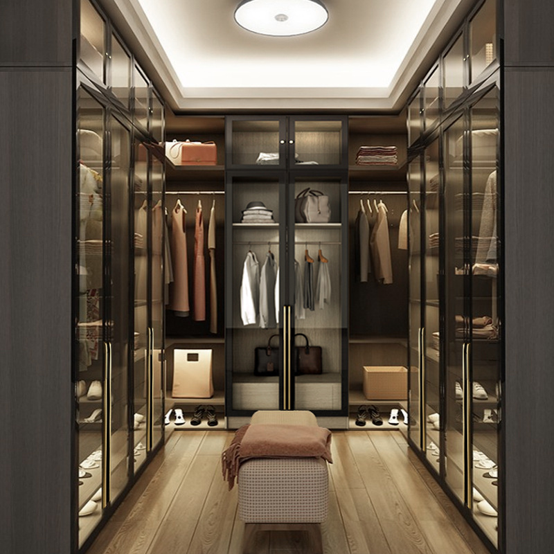 转角衣柜现代简约步入式衣帽间组合柜子l型平开门轻奢玻璃大衣橱