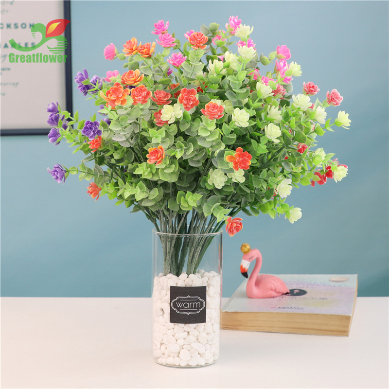 跨境专供仿真植绒尤加利叶玫瑰餐桌家居装饰婚庆仿真花艺假花批发