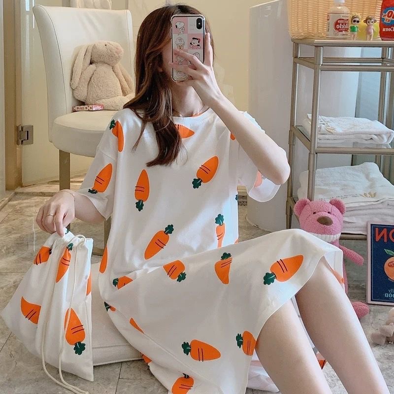 Spot Summer Korean Princess Indie Pop, Sweet and Cute Cloth Bag Nightdress Women's Pajamas Short Sleeve plus Size