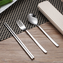 304不锈钢筷子勺子叉子便携式餐具套装韩式家用学生三件套筷子盒