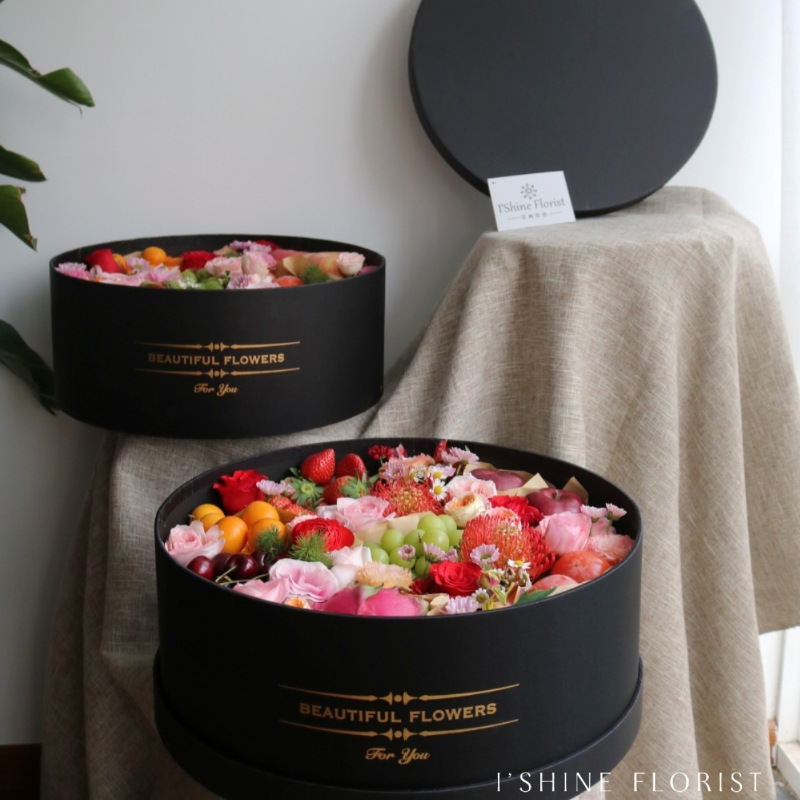 99支绸缎套二玫瑰礼盒圆形大圆盒黑色抱抱桶花盒水果鲜花包装盒