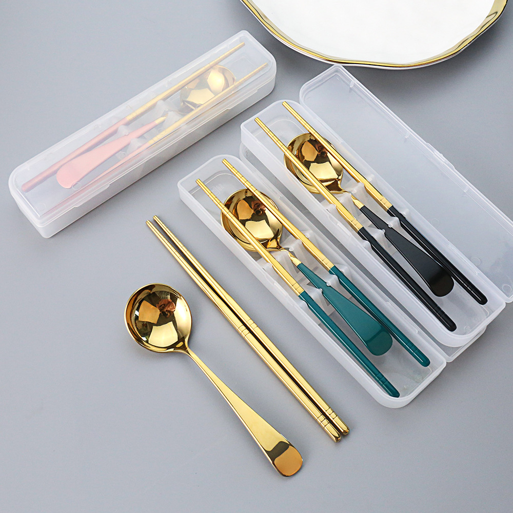 v 中式小圆勺 304不锈钢勺筷两件套旅行套装 儿童学生便携式餐具