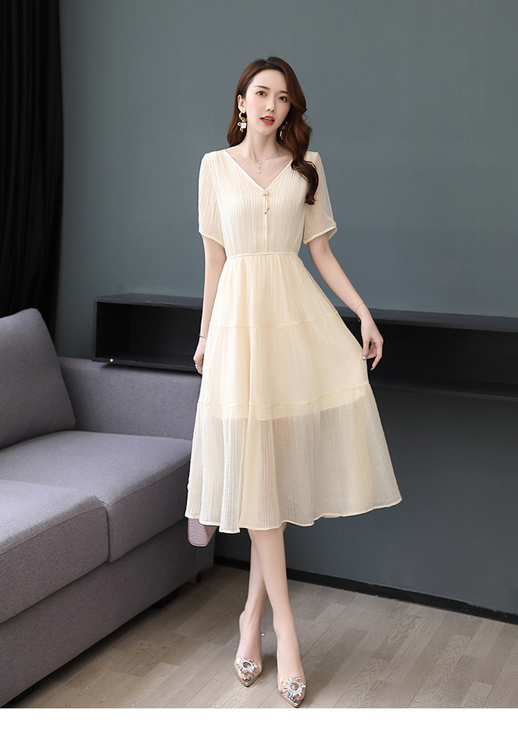 一件代发吉布森女装2020年夏装新品v领纯色收腰气质修身连衣裙