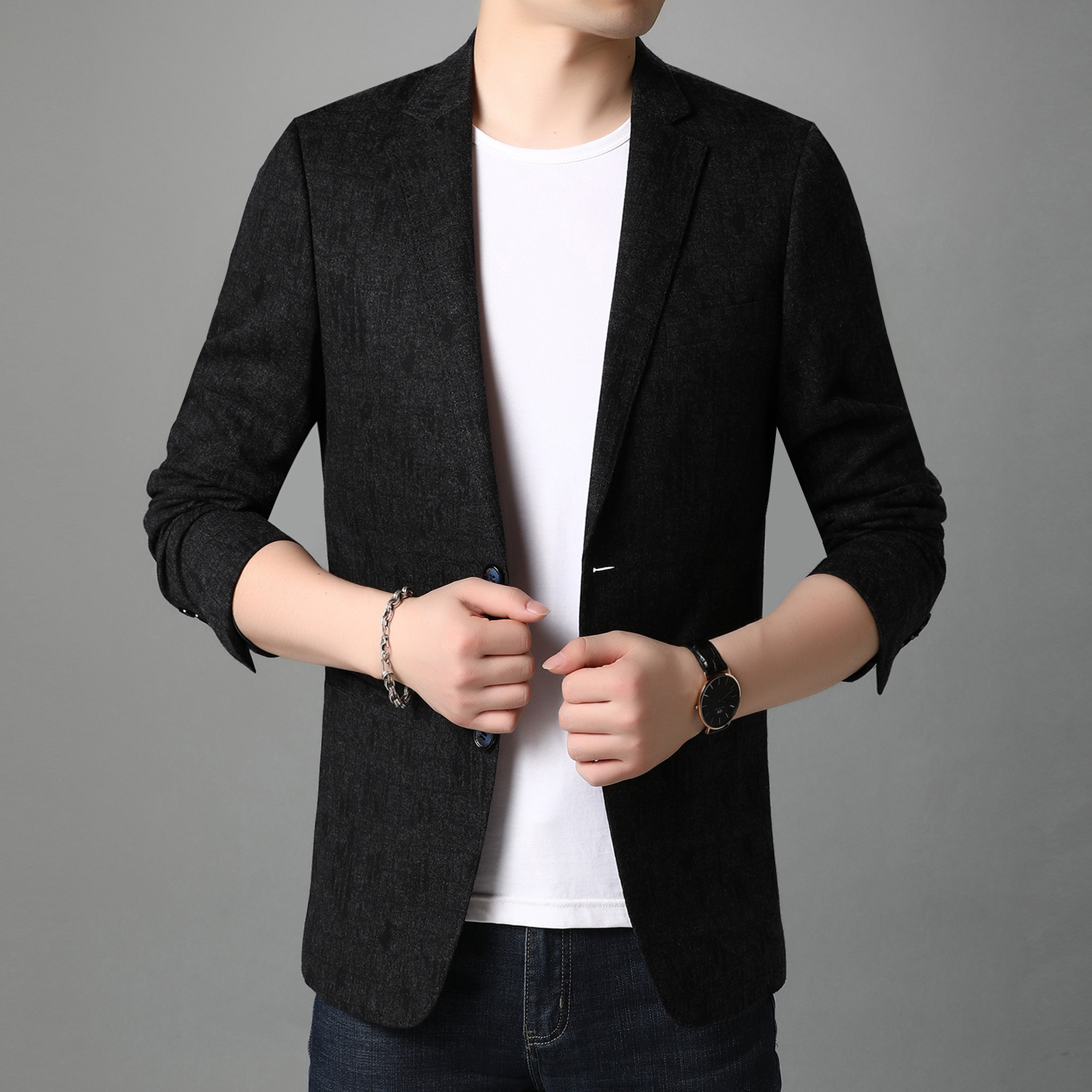 男装外套修身潮流帅气西服秋季男士商务上衣纯色休闲西装男代发