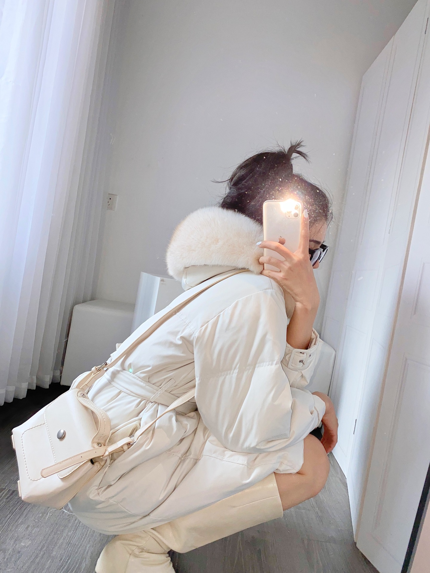 夏诗文 狐狸毛领90白鸭绒连帽羽绒服女冬腰带收腰气质外套中长款