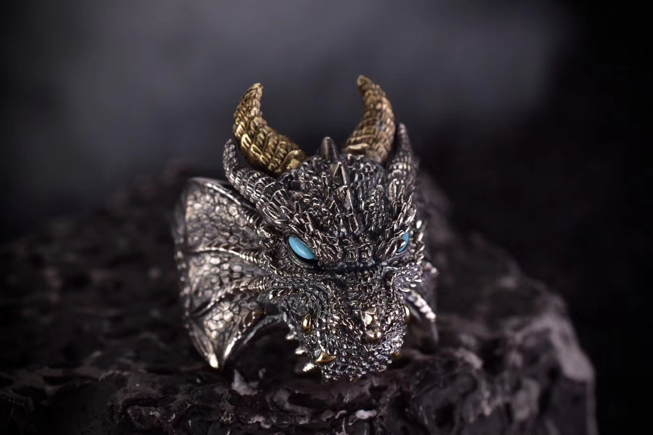 深渊魔龙戒指s925银镶嵌松石南红玛瑙复古国风男款食指戒批发