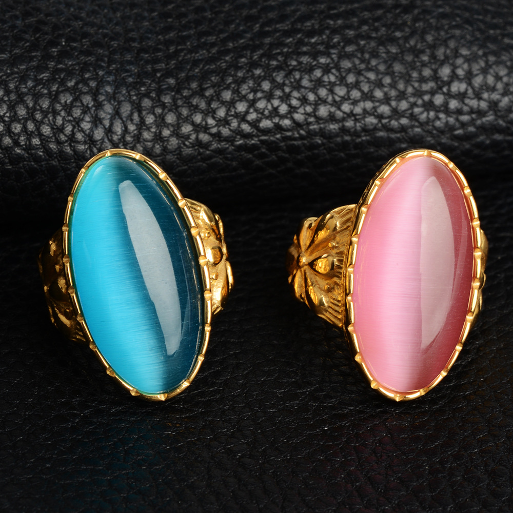 复古优雅人造宝石男女钛钢仿猫眼石戒指 时尚简约复古珠宝戒指