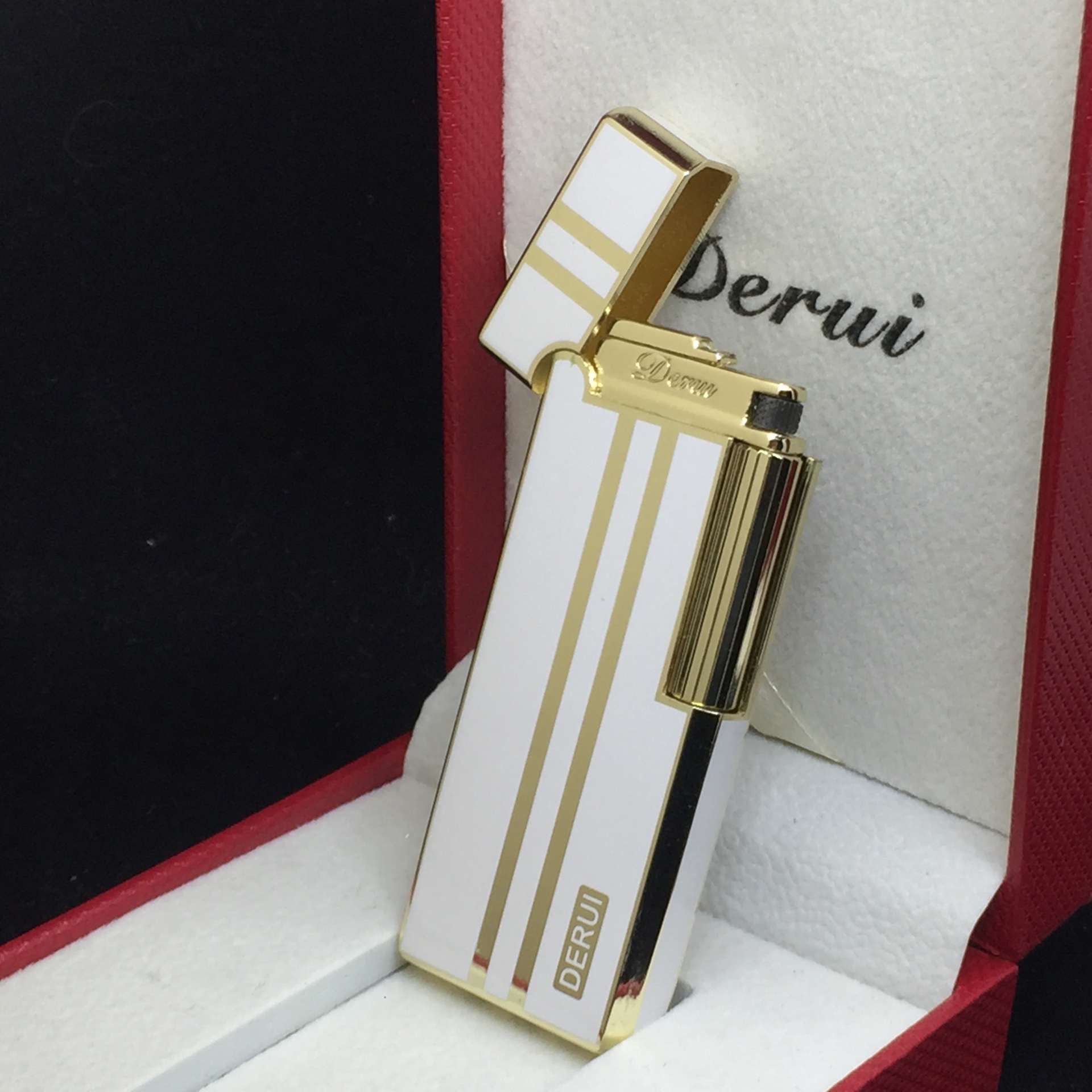 礼盒装德瑞超薄金印白款砂轮火石气体打火机