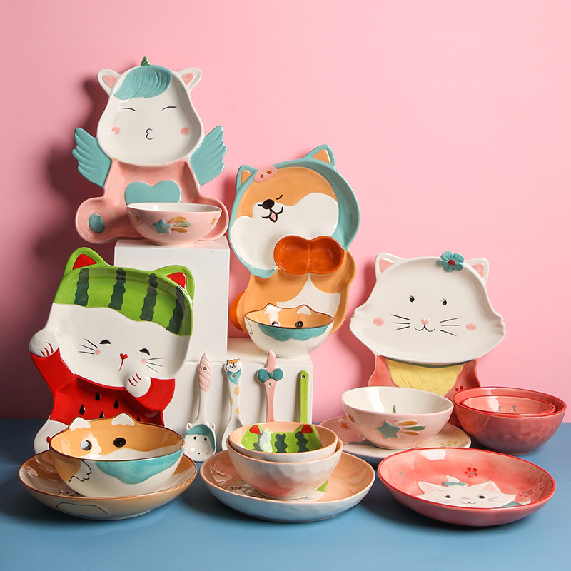 New Cartoon Shiba Inu Ceramic Baby Kid Tableware Plate Compartments Plate Creative Separated Home Breakfast Tray Bowl