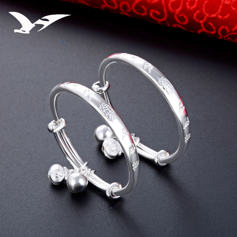 s999足银宝宝手镯 民族风满月婴儿手环莲花双鱼小铃铛儿童银手镯