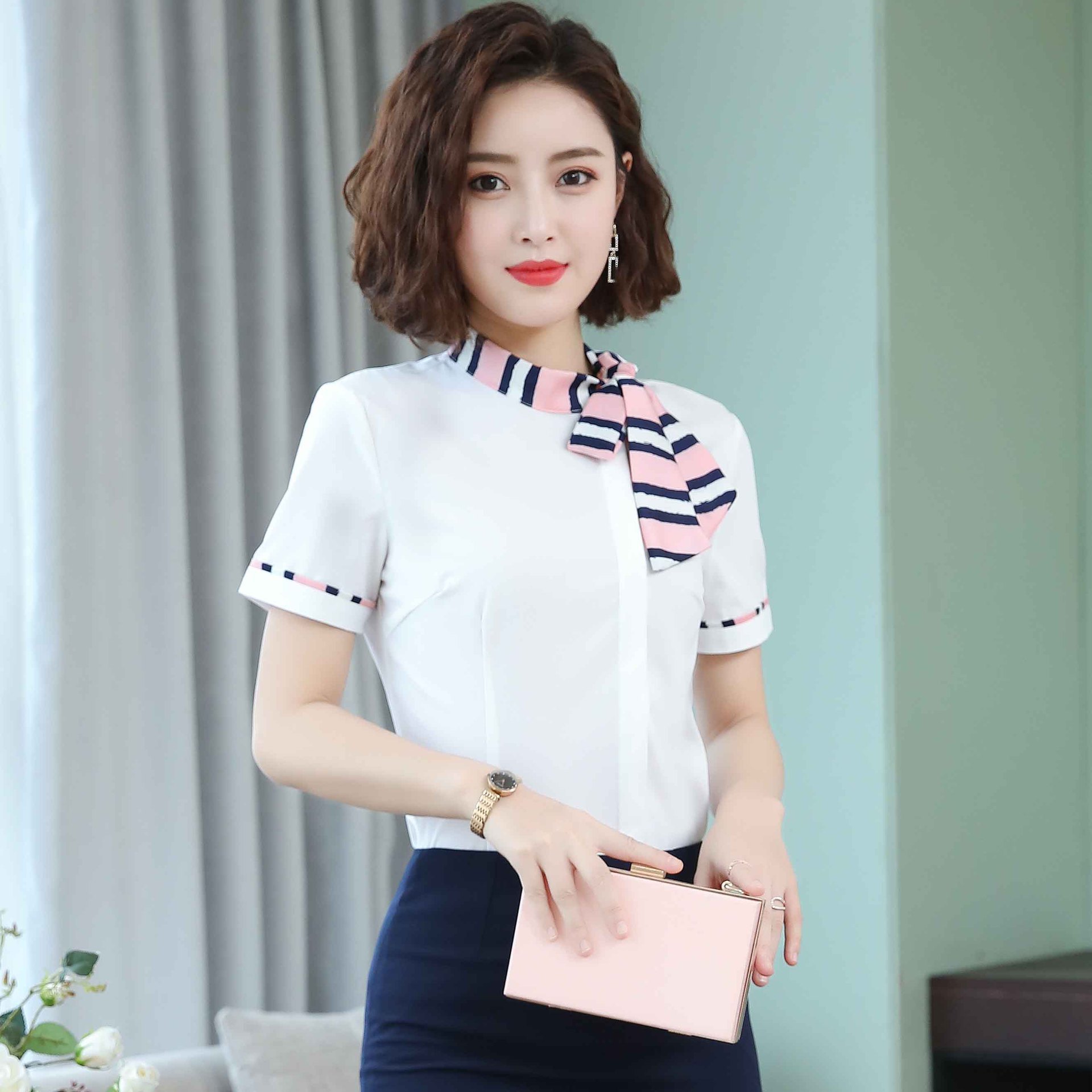酒店前台接待收银员短袖系带衬衫女职业工装套装夏美容师工作制服
