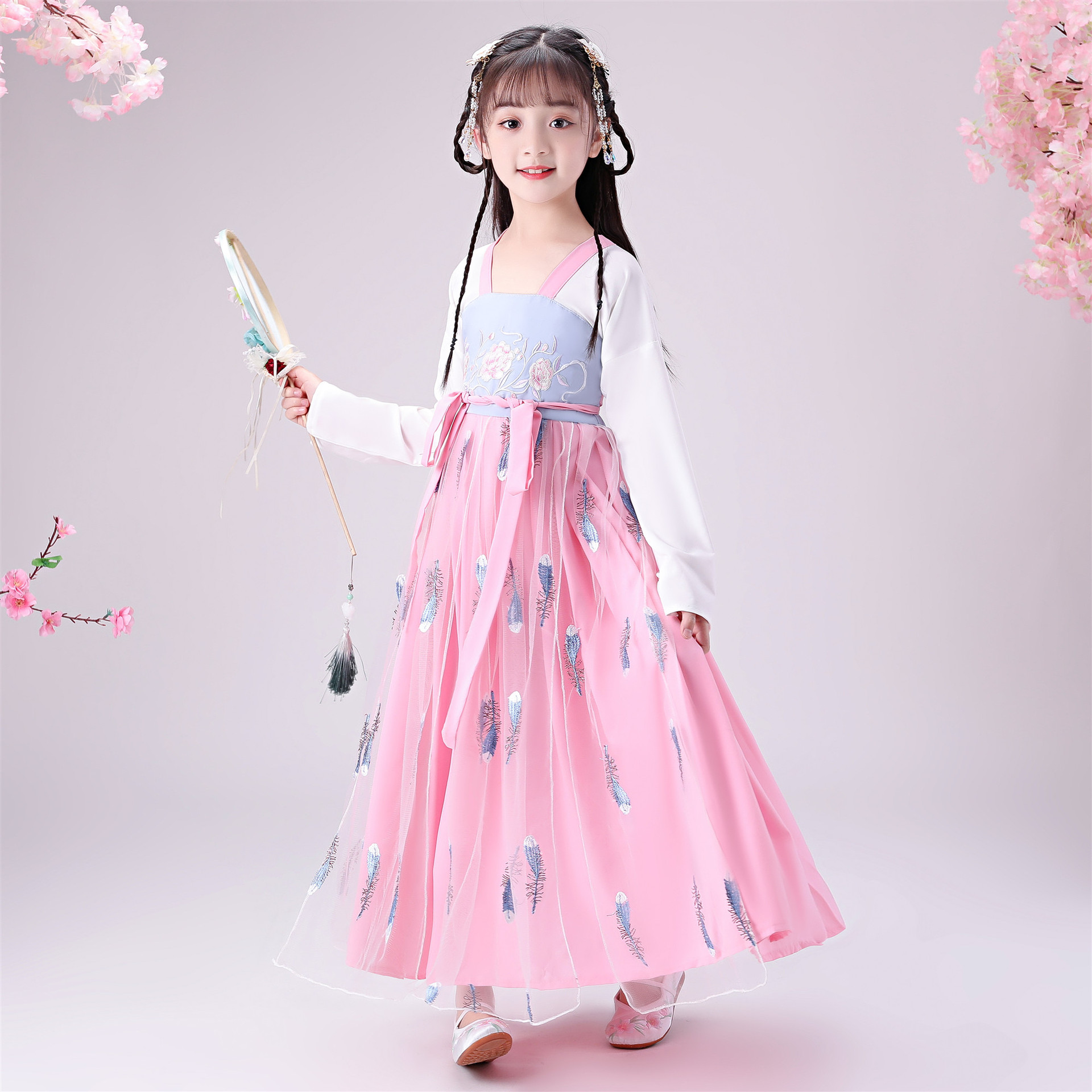 新款儿童汉服女童古装超仙长袖中国风仙女连衣裙轻纱春秋唐装新款