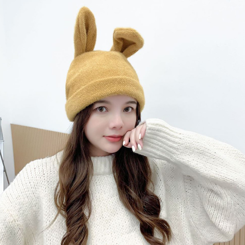新款针织帽纯色兔子耳朵帽子甜美可爱包头帽套头毛线帽门月子帽潮