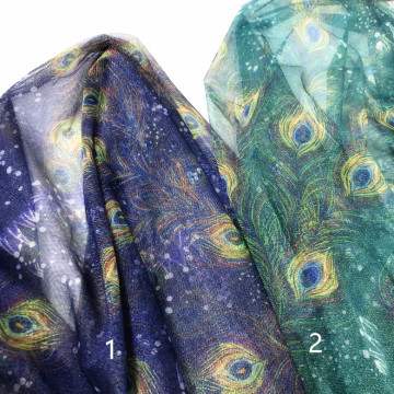 孔雀网纱闪光网印花女装时装连衣裙礼服面料透明网纱渐变面料