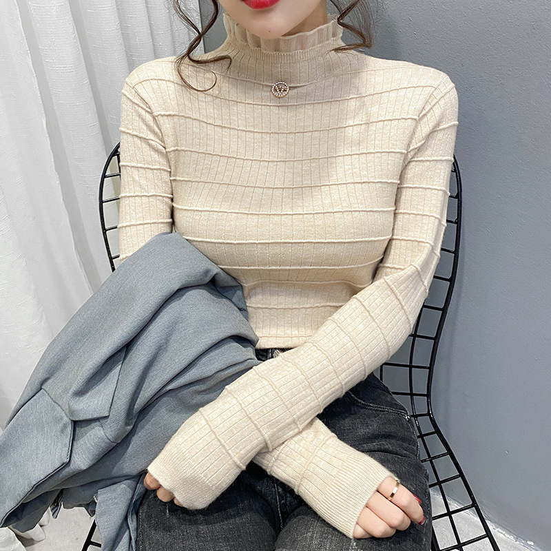 2020年春装新款女上衣女针织衫韩版打底线衣薄款长袖蕾丝针织衫