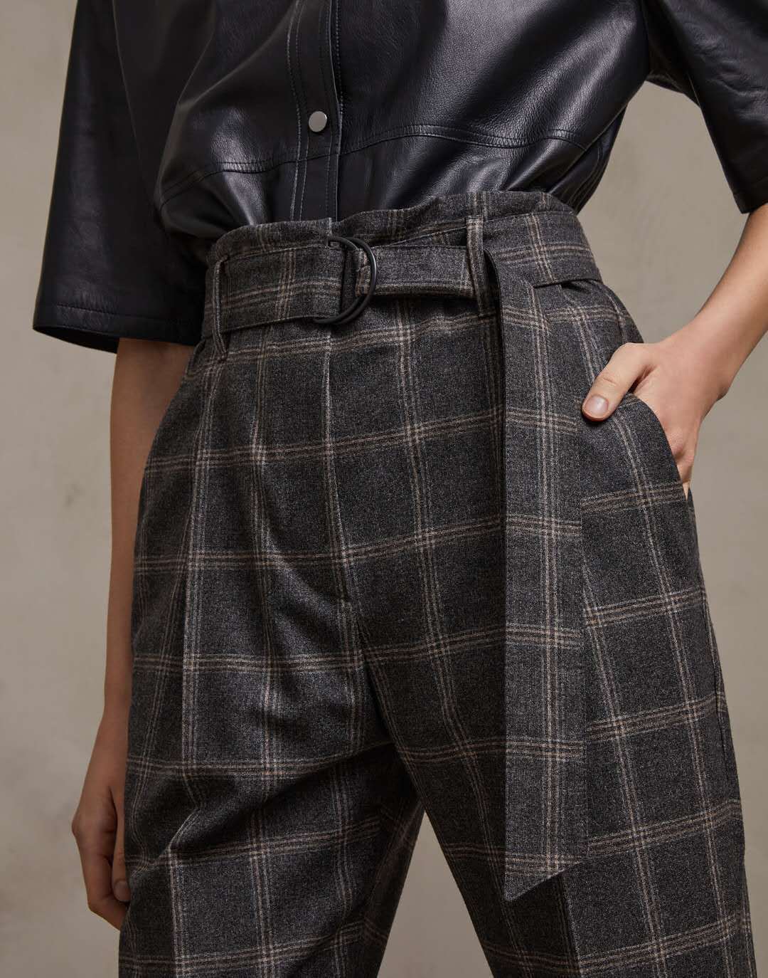 黑色长裤秋季休闲基本款腰带休闲格子长裤