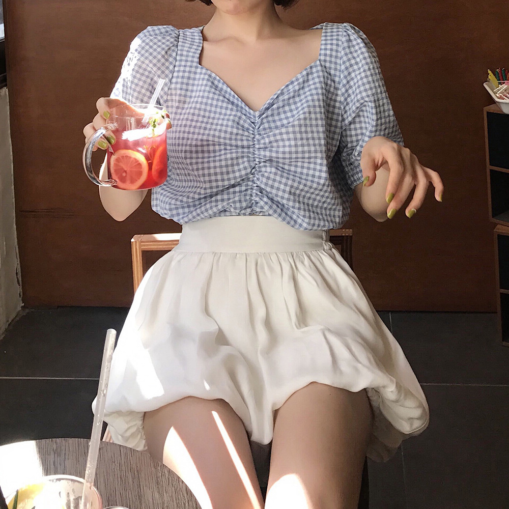 可爱蓬蓬花苞裤休闲短裤裙20ss夏季新品高腰松紧腰纯色百搭半身裙