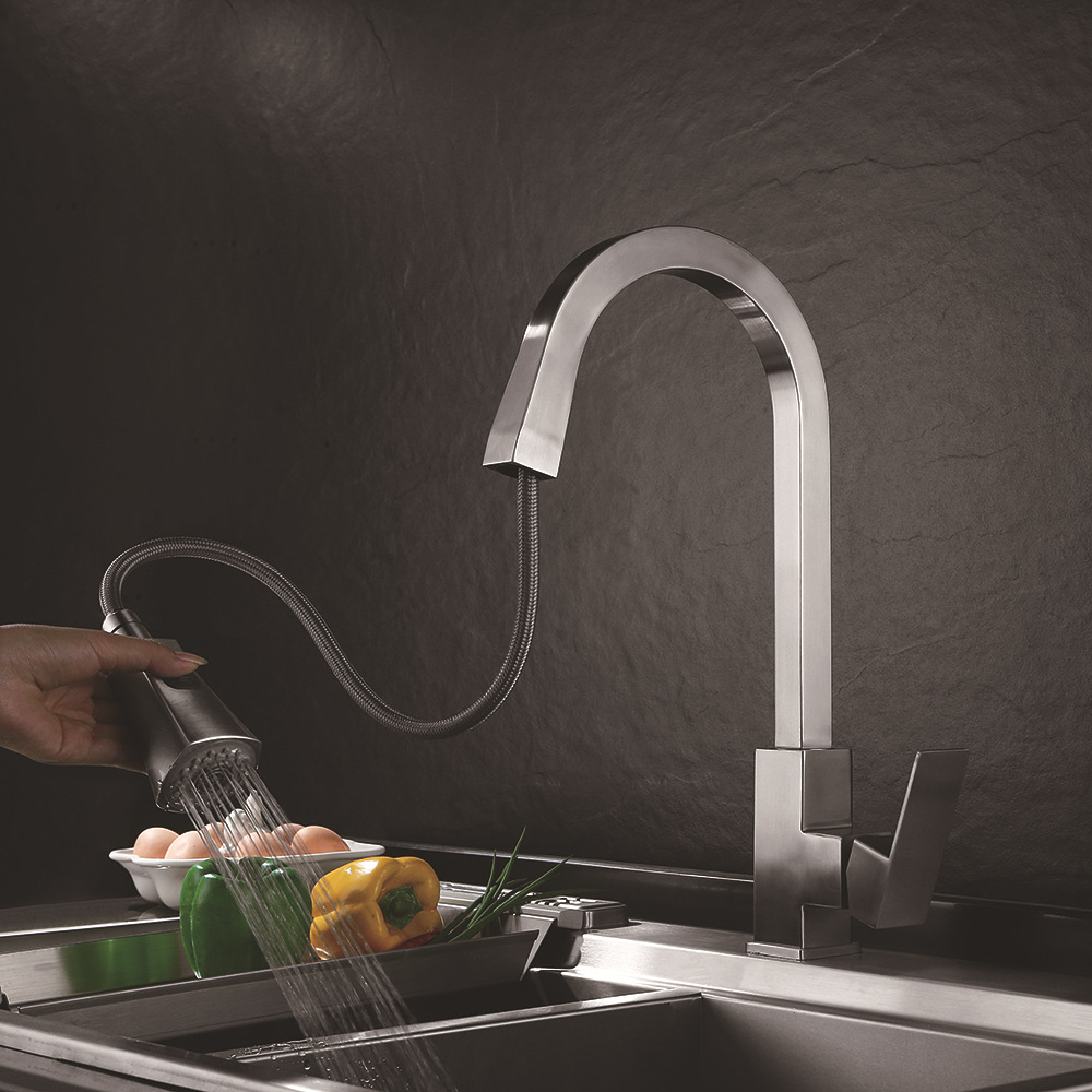 304不锈钢水龙头方形厨房洗菜盆水龙头冷热抽拉万向水槽龙头批发