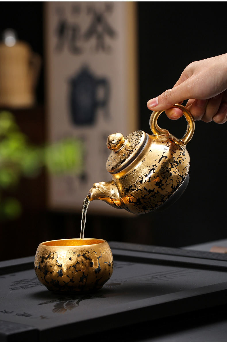 金茶杯纯金24k鎏金陶瓷杯建盏铁胎油滴纯手工主人杯单