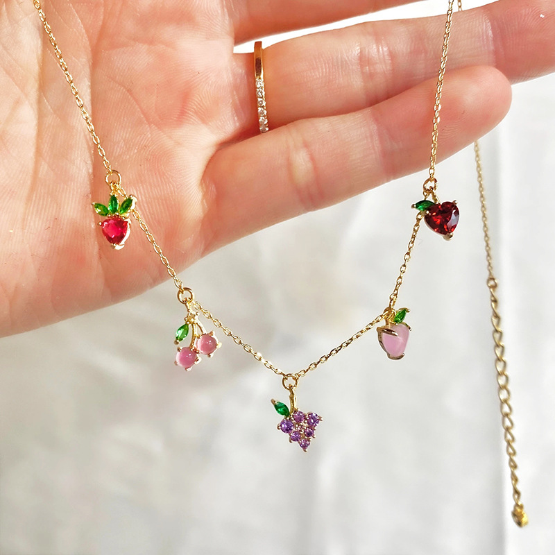 Cross-Border Jewelry Ins Hot Color Zircon Necklace Cherry Peach Tropical Fruit Clavicle Chain Necklace Female