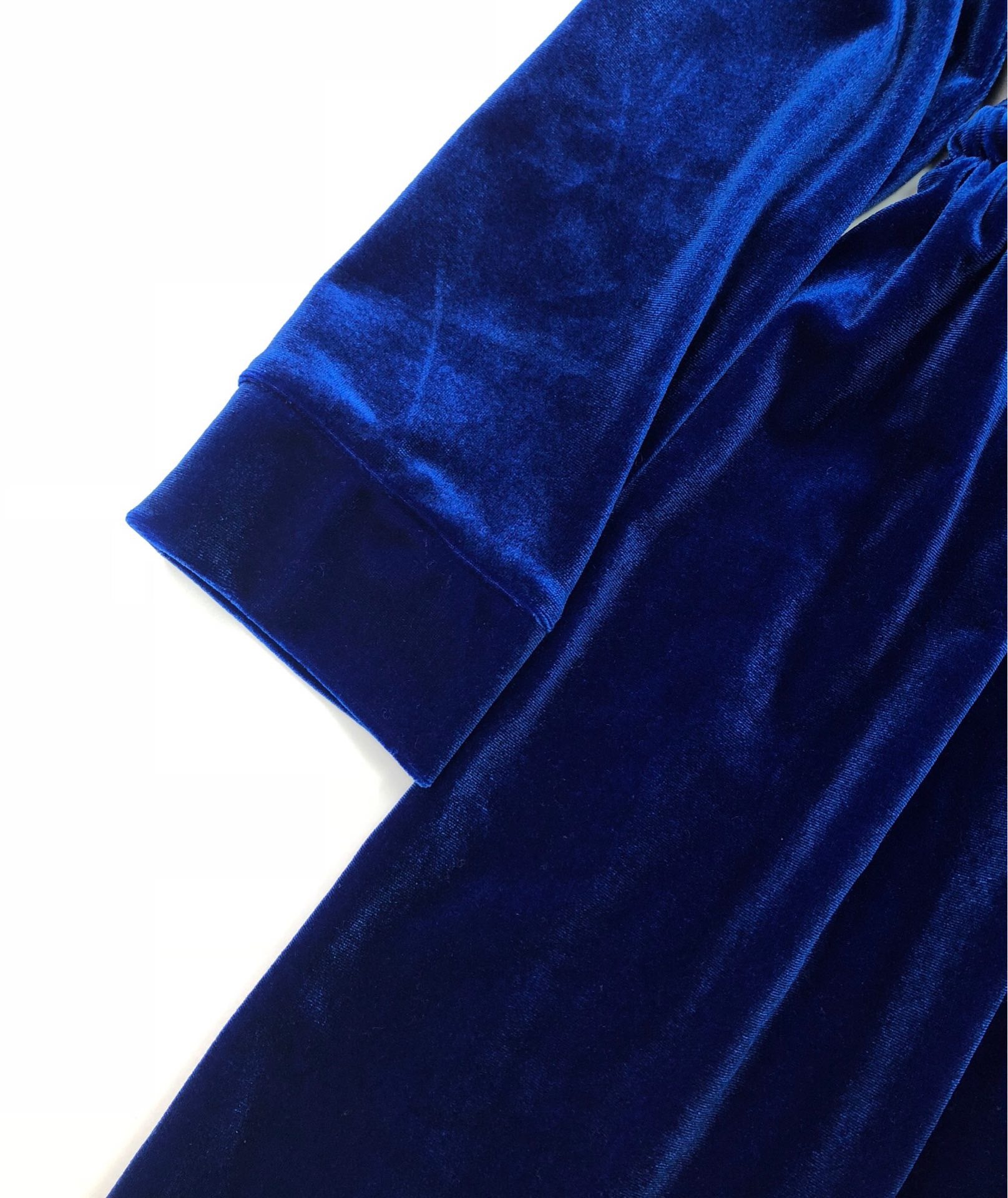 欧美风 意大利 宝石蓝长袖v领抽绳丝绒连衣裙