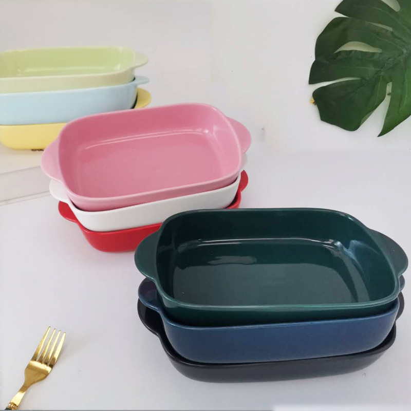 Ceramic Binaural Baking Pan Rectangular Baking Bowl Multi-Layer Surface Baking Tray Baking at Home Oven Plate Baking Tray