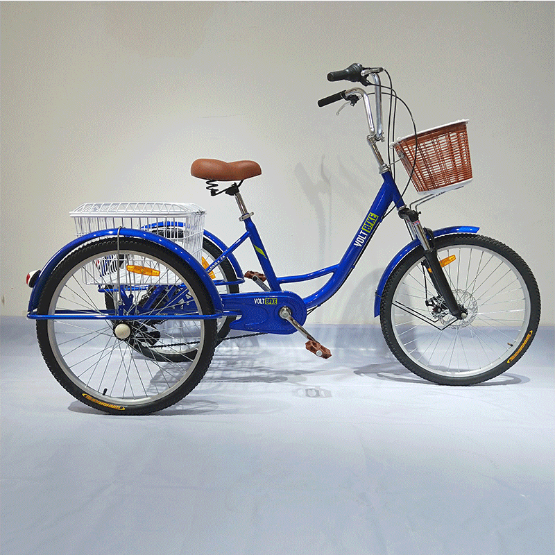 新款碟刹人力三轮车脚踏三轮自行车24寸变速蓝色带筐成人老年代步