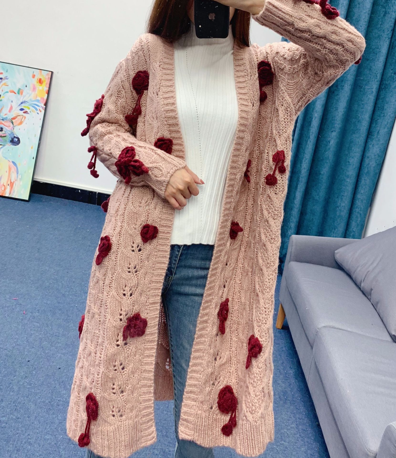 秋冬新款手工绣立体花朵韩版慵懒风宽松长袖针织开衫长款毛衣外套