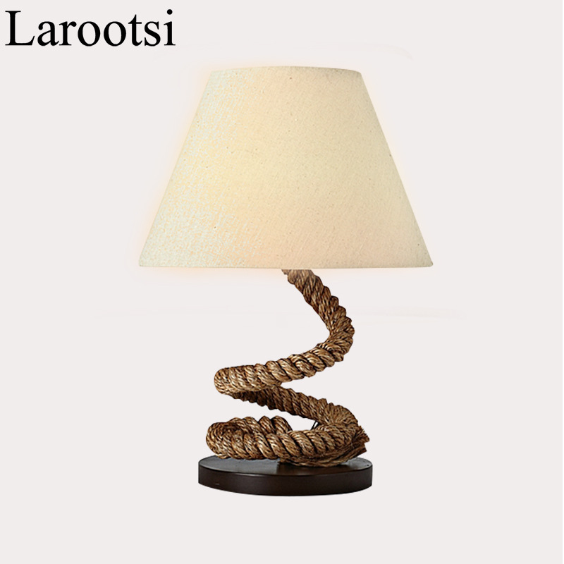 北欧麻绳台灯卧室床头灯美式复古个性创意酒吧台布艺书房亚麻台灯