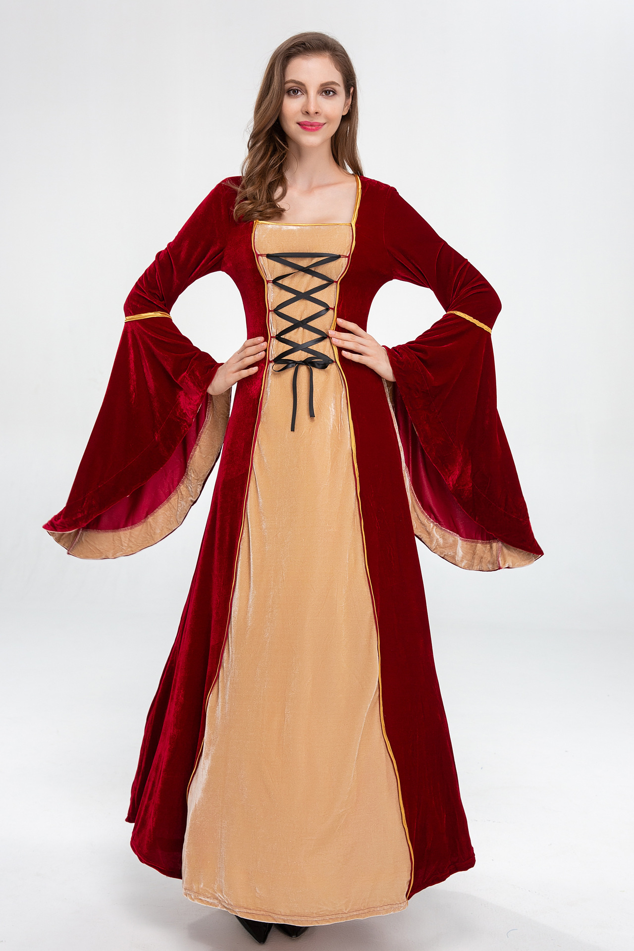 欧美中世纪文艺复兴复古连衣裙绑带束腰宫廷长礼服话剧舞台演出服