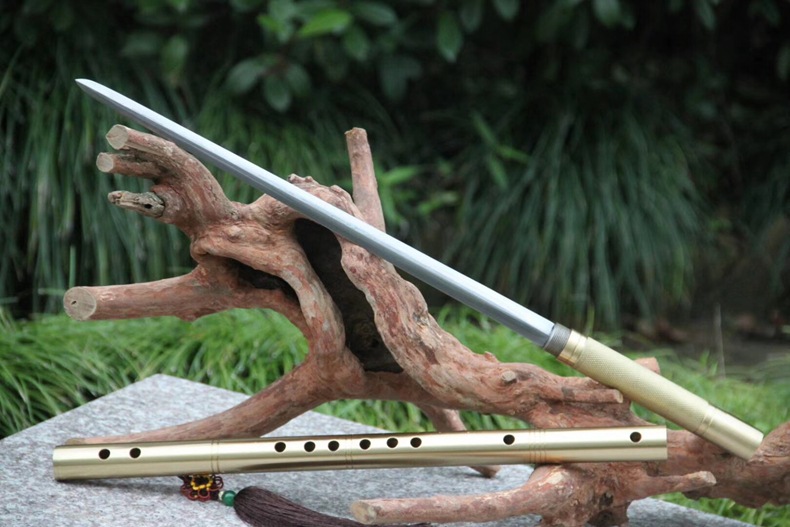 龙泉刀剑宝剑花纹钢笛子剑萧剑可演奏多功能棍剑接长棍中刀未开刃