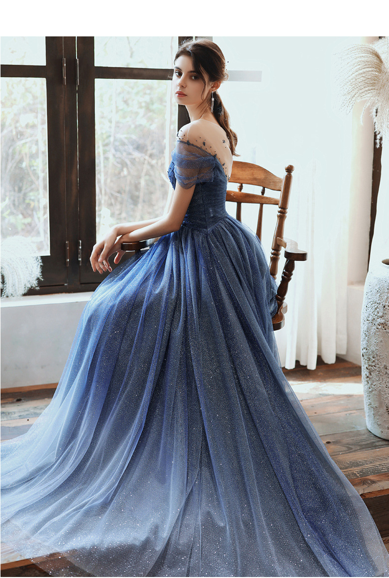 春季新品星空晚礼服裙女名媛优雅圆领渐变主持人晚宴酒会拖地长裙