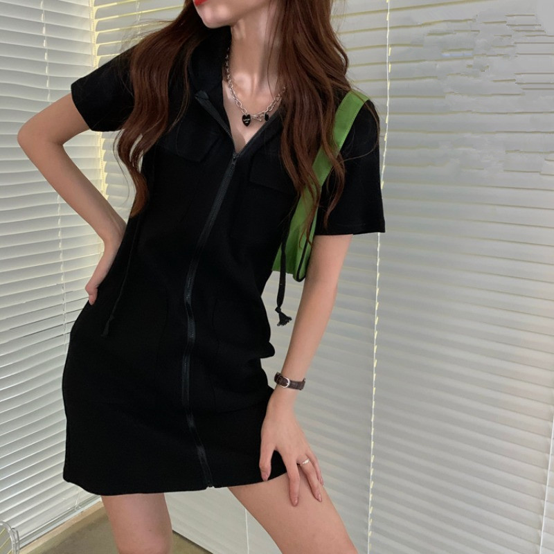 Ins Fashion Zipper Dress for Women 2024 New Summer Korean Style Loose Western Style Casual Short Sleeve Hooded Top Women Clothes