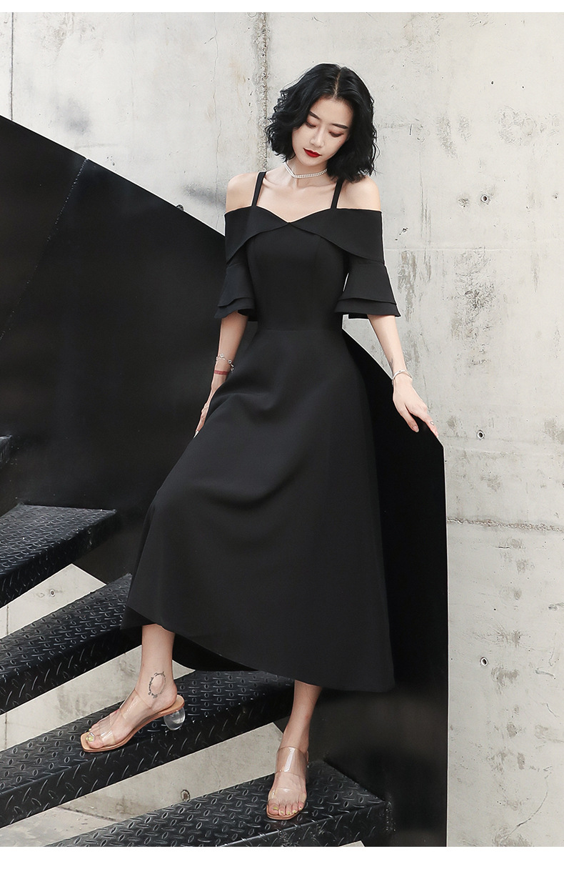 2020新款大气黑色长款吊带连衣裙显瘦一字肩宴会大摆晚礼服女