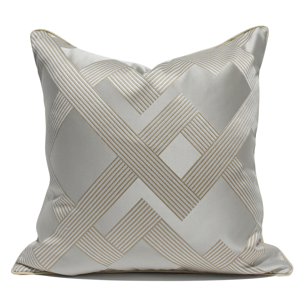 白灰色滚边沙发靠包简约现代样板间卧室大靠背几何图案抱枕套定制