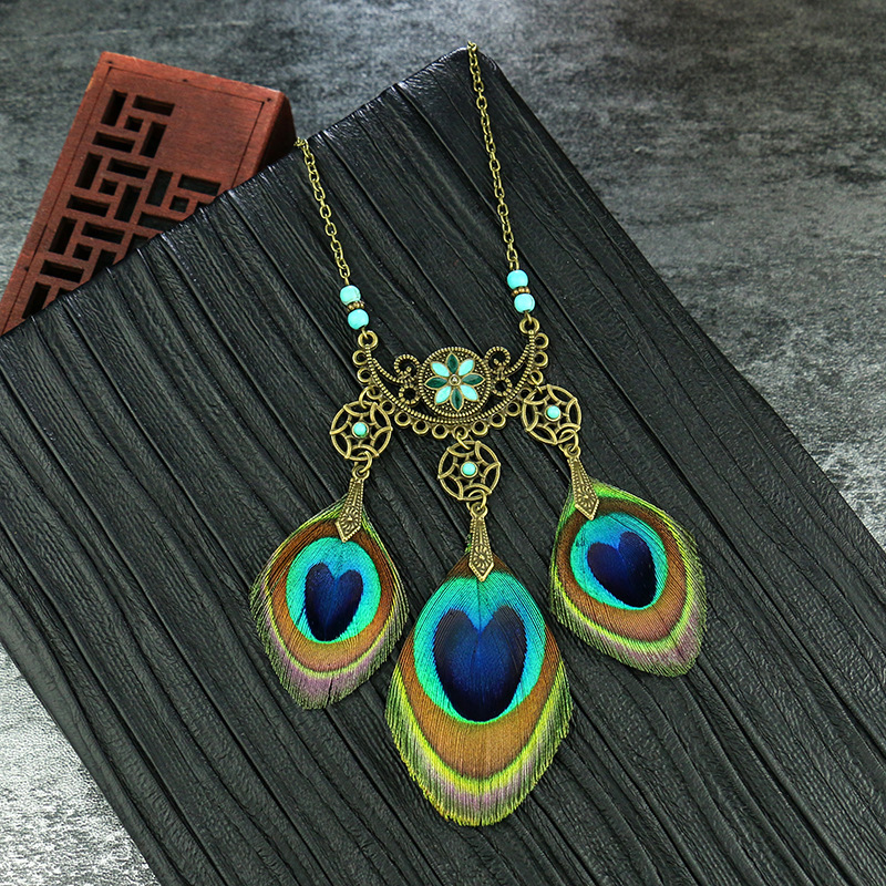 长款流行项链 欧美云南孔雀羽毛少数民族风毛衣链女服装配饰