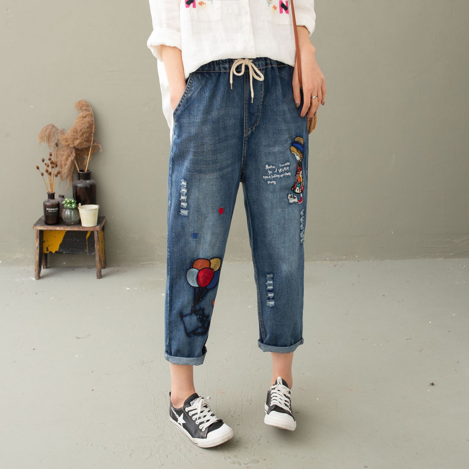 牛仔七分裤女夏款休闲森女系刺绣日系女孩可爱1破洞