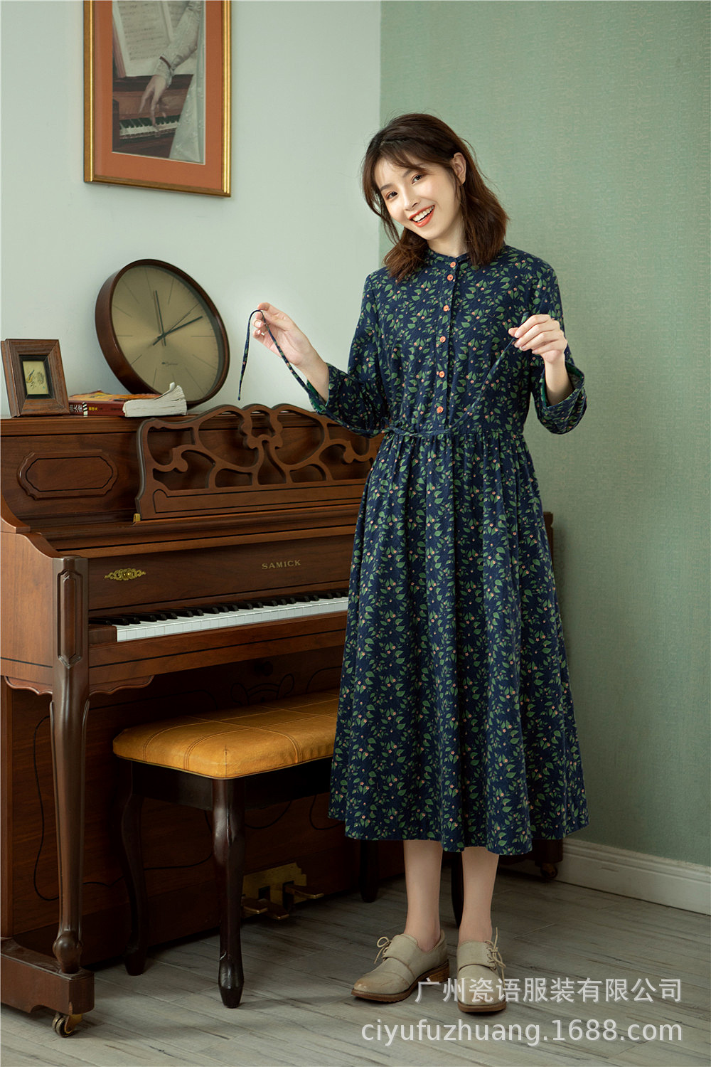 瓷语2020秋新款纯棉长袖连衣裙补单款收腰腰印花棉麻裙子下单询价