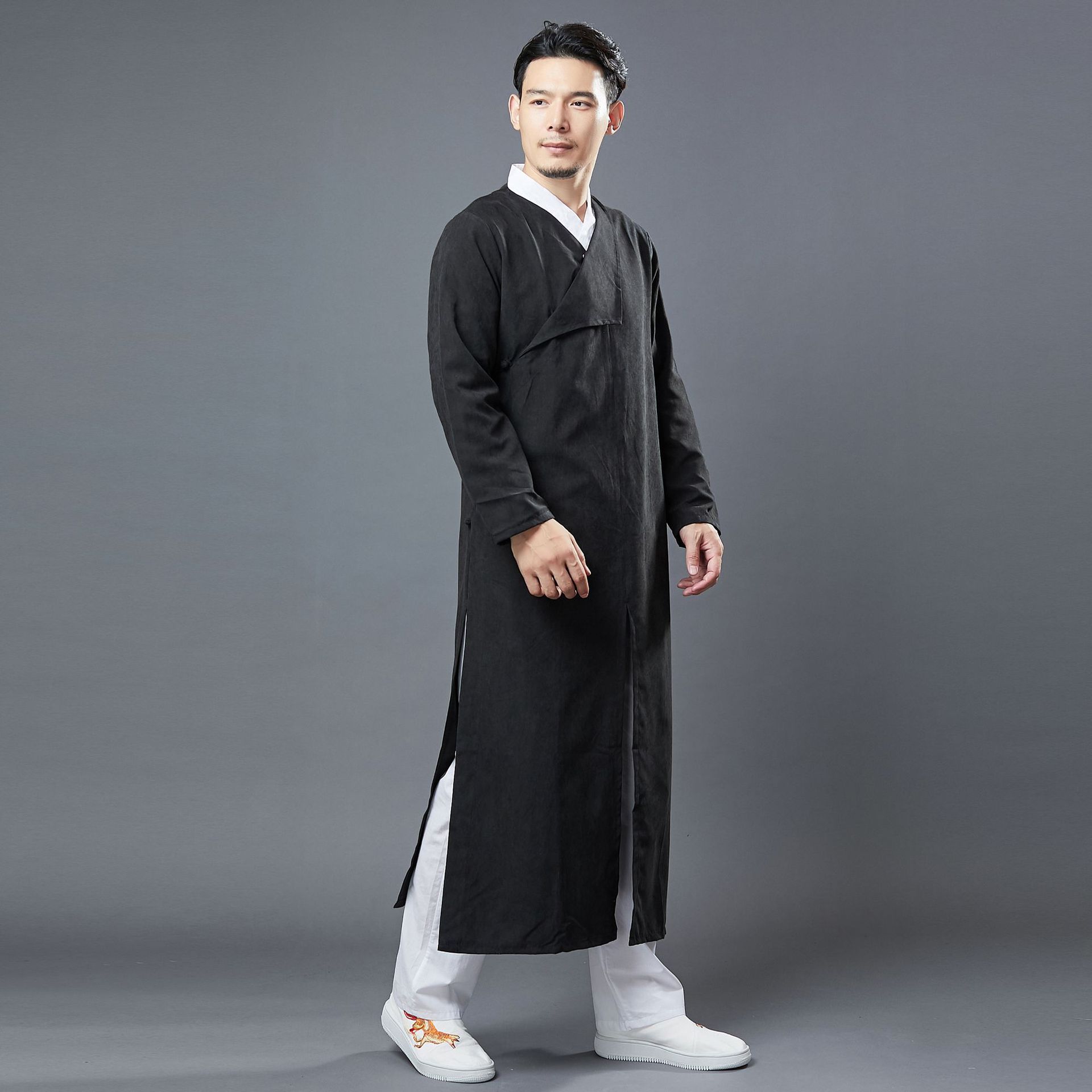 麻凡布衣中式改良长衫复古盘扣汉服男中国风纯色长袍茶服禅意