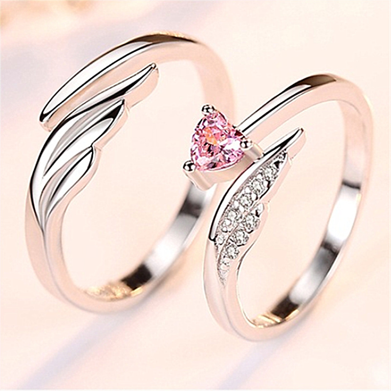 韩版镶嵌粉钻天使之翼戒指 翅膀情侣戒指 情人节礼物优雅心钻戒指