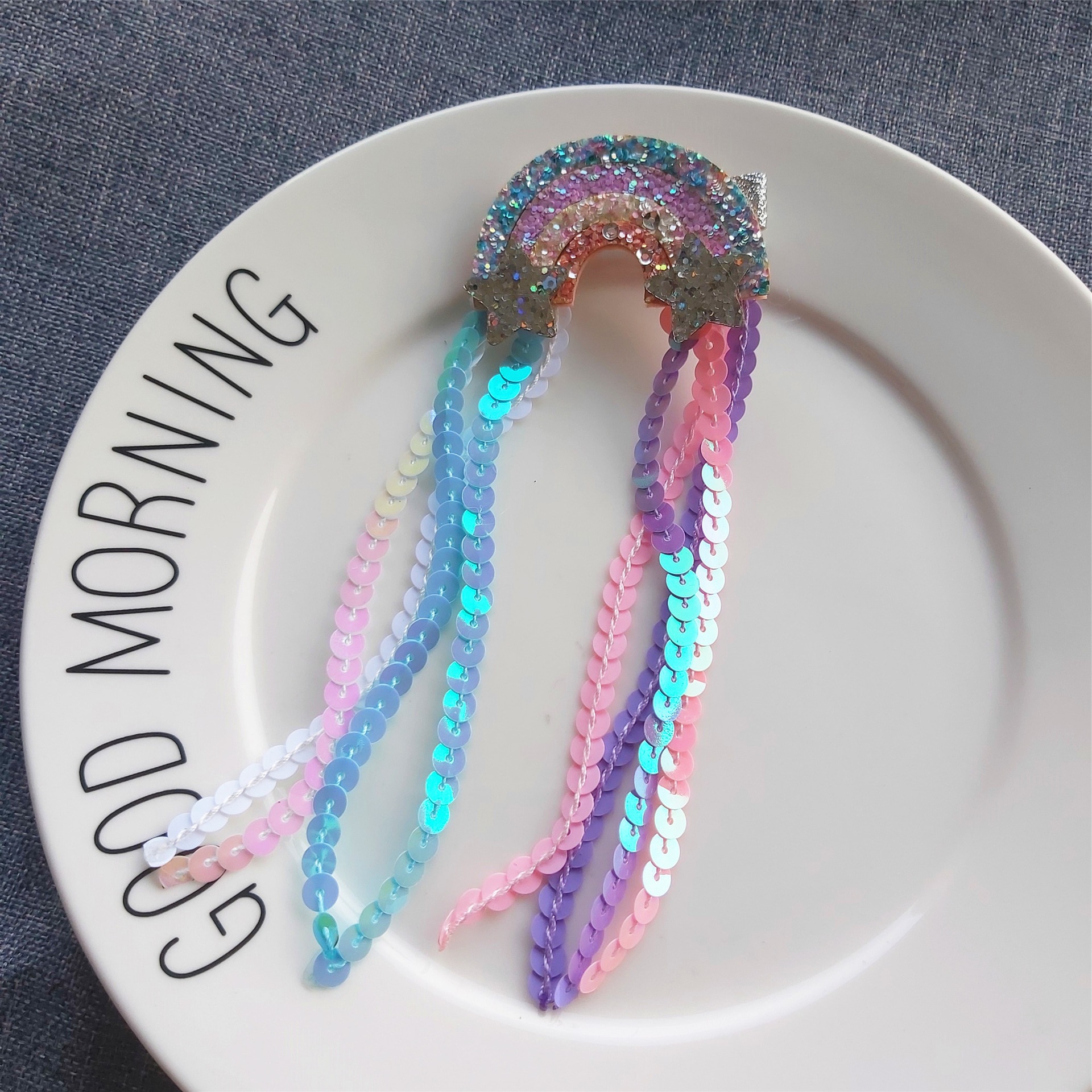 儿童可爱彩虹色幻彩流苏鸭嘴夹 韩版时尚儿童发夹顶夹