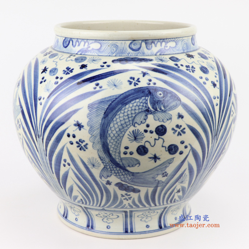 景德镇陶瓷仿古元青花鱼藻纹陶瓷罐子中式家居复古手工手绘瓷器