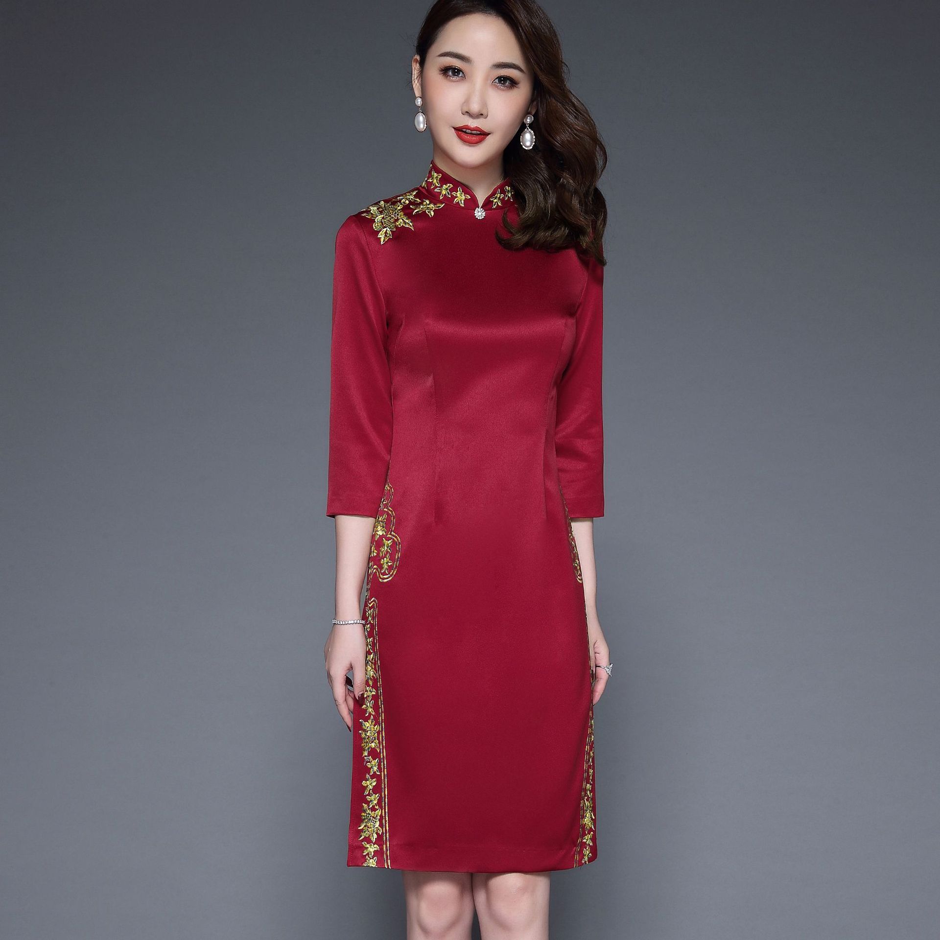2022春秋新款旗袍 端庄优雅刺绣旗袍妈妈喜婆婆婚宴礼服一件代发