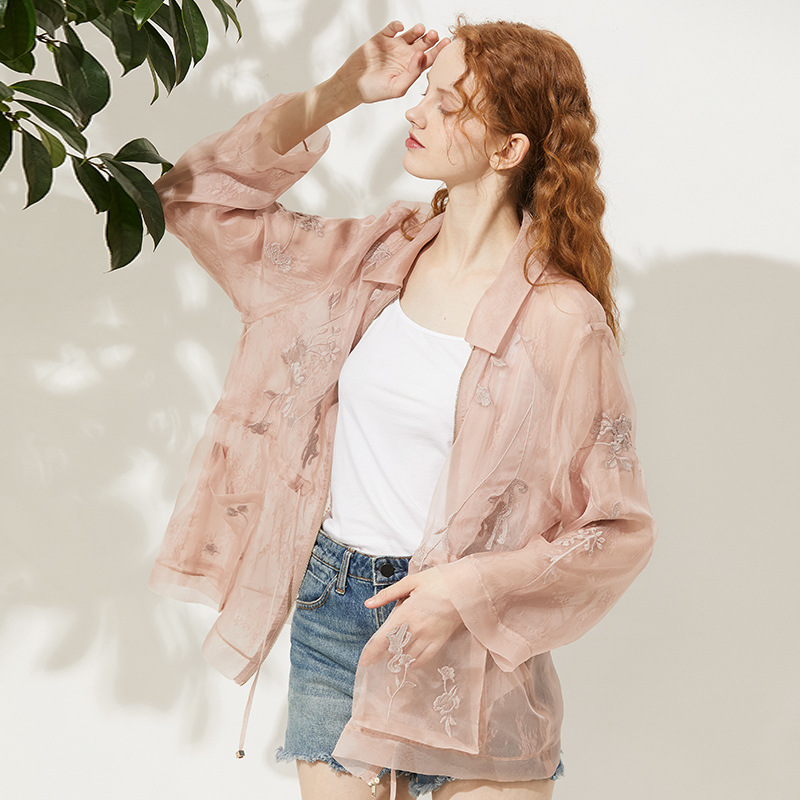 欧美真丝欧根纱防晒衣女仙女超仙轻薄蕾丝刺绣外套女宽松11807