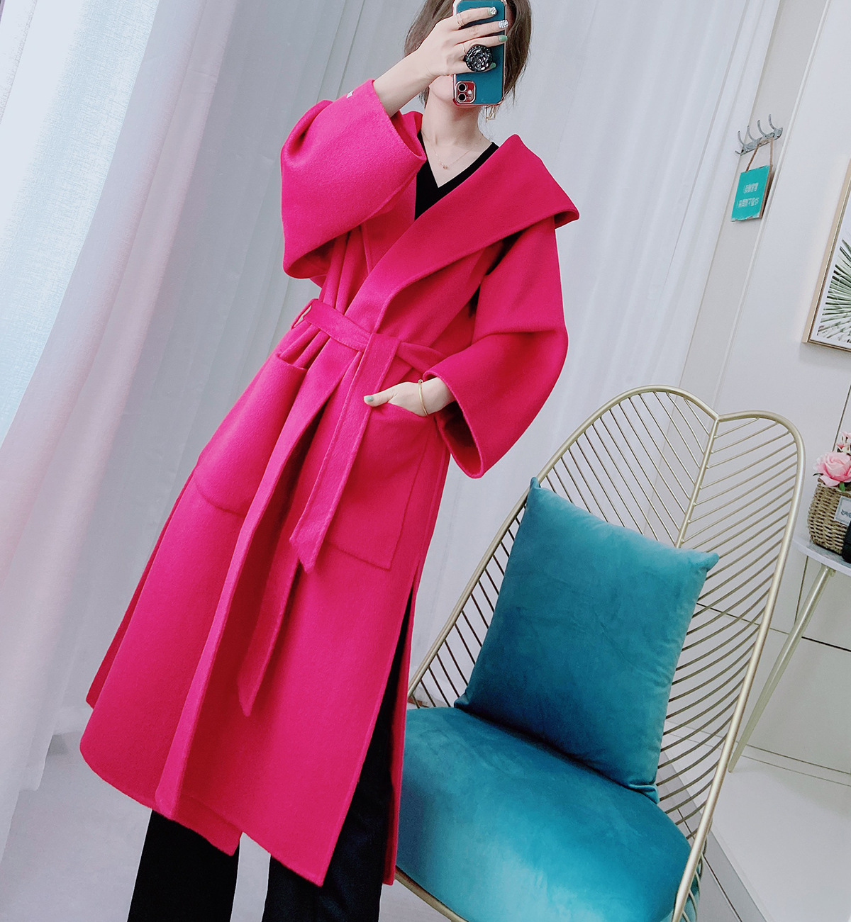胭脂粉连帽双面大衣女长款2020秋冬新款版系带宽松毛呢外套
