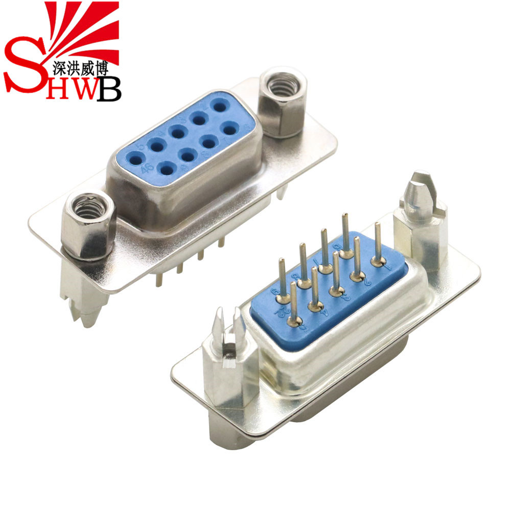 dp9p母头焊板式db9 串口9孔立式180度直插带螺丝柱和鱼叉锁连接器